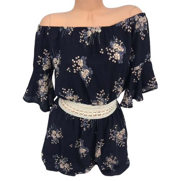 TRAC Pants - TRAC Navy Blue Floral Print Crochet Lace Cutout Romper One Piece‎ SZ M